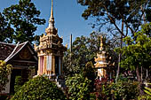 Vientiane, Laos - Wat Si Saket, the area around the temple precinct is filled with stupas, drum tower, open pavilion sheltering Buddha statues.